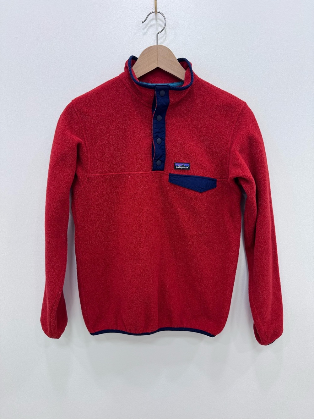 Patagonia Synchilla Snap T fleece pullover Red Navy Blue Boys Sz XL